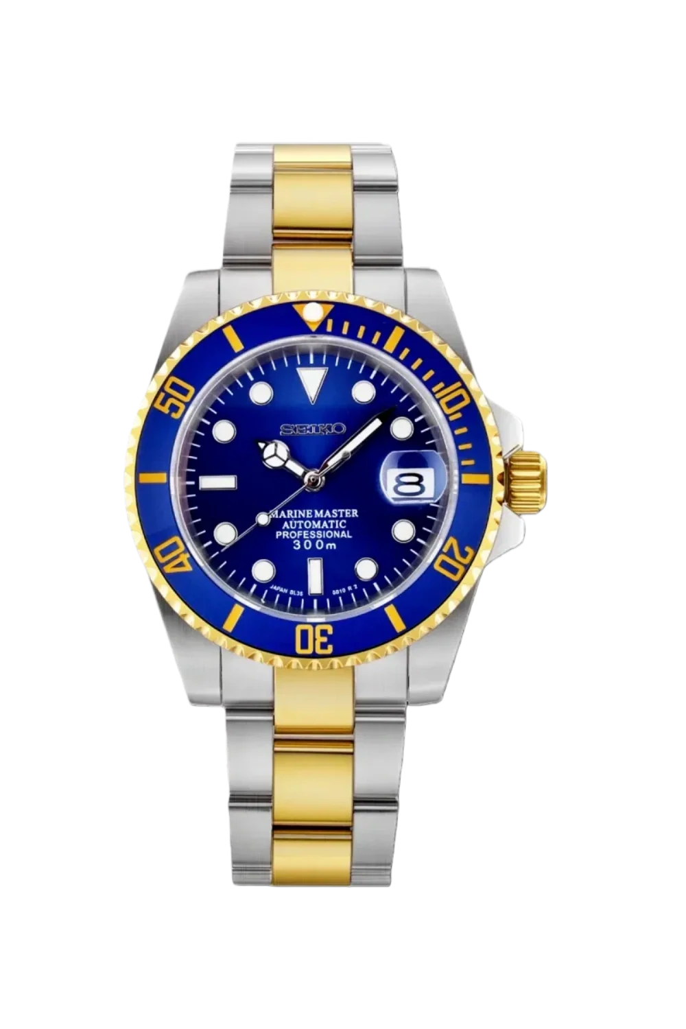 Relógio Seiko Mod Submariner Two-Tone Gold Blue Azul